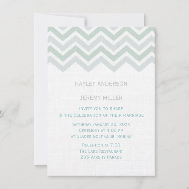 Invitación de boda Chevron azul y verde (Anverso)