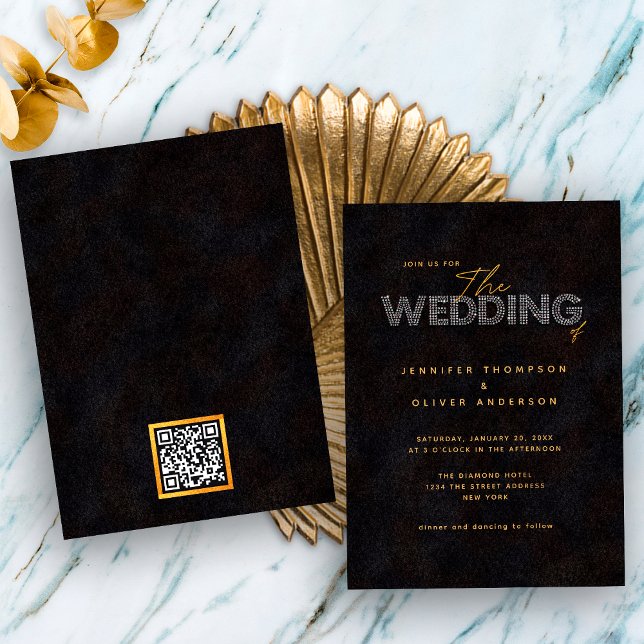 Invitación de Boda Chic Black Gold con Código QR (Front / Back)