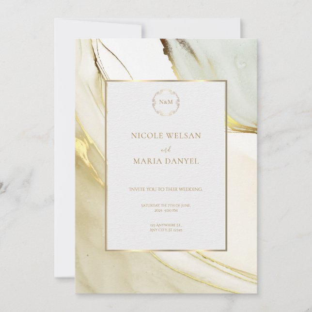 Invitación de boda chic blanca con tinta de alcoho (Anverso)