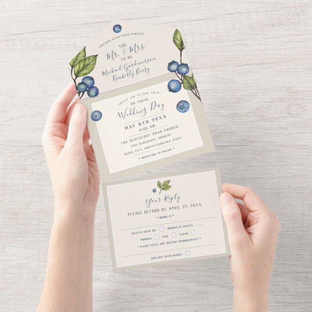 Invitación de boda Chic Blueberries Todo en uno (desgarro)