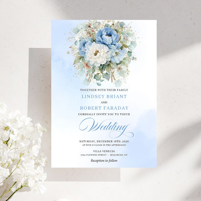 Invitación de boda chic boho dusty blue peonía dor (Chic Boho Dusty Blue Peony Gold Wedding Invitation)