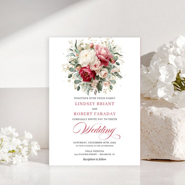 Invitación de boda chic boho rojo rubor oro (Chic Boho Red Blush Gold Wedding Invitation)