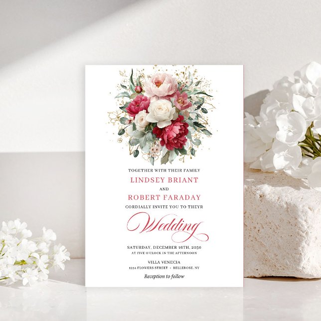 Invitación de boda Chic Boho Rojo Rubor Verde (Chic Boho Red Blush Greenery Wedding Invitation)