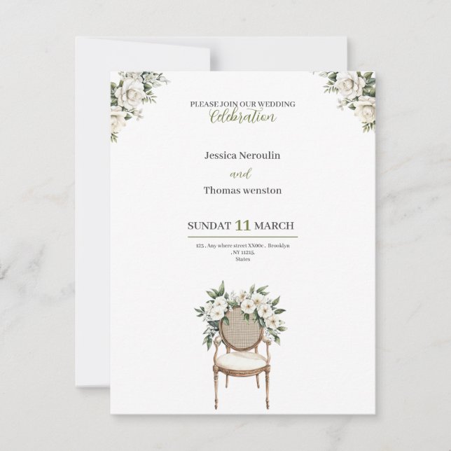 invitación de boda chic con rosas blancas doradas  (Anverso)