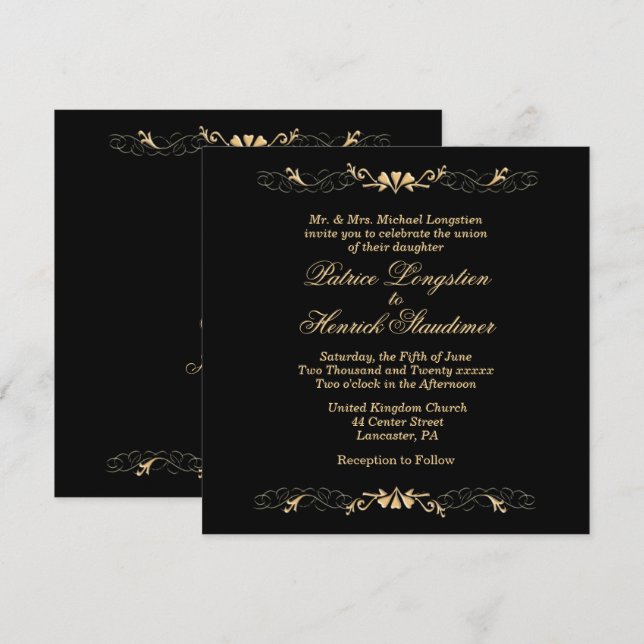 Invitación de boda Chic Elegance negra y dorada (Anverso / Reverso)