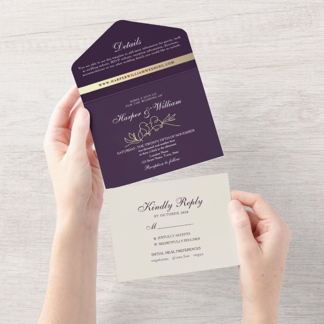 Invitación de Boda Chic Morado Todo en Uno (desgarro)