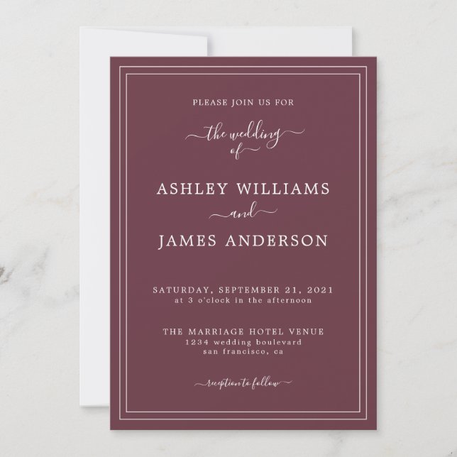 Invitación de boda Chic Script Burgundy (Anverso)