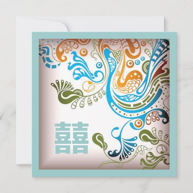 Invitación de boda china moderna azul fénix (Anverso)