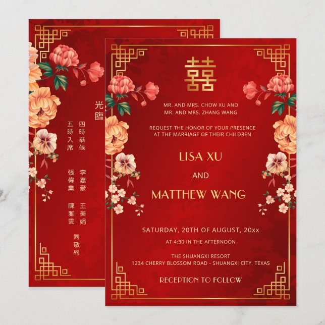 Invitación de boda china roja con marco dorado bil (Anverso / Reverso)