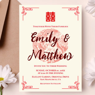 Invitación de boda china roja del dragón y el féni