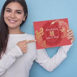 Invitación de boda china roja dragón-fénix moderna