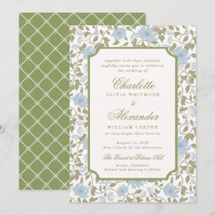 Invitación de boda Chintz Lotus Floral Sage Blue