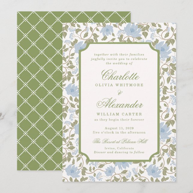 Invitación de boda Chintz Lotus Floral Sage Blue (Anverso / Reverso)