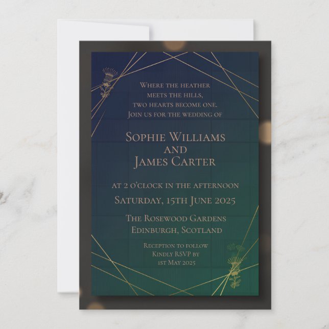 Invitación de boda ciervo dorado verde oscuro | Es (Anverso)