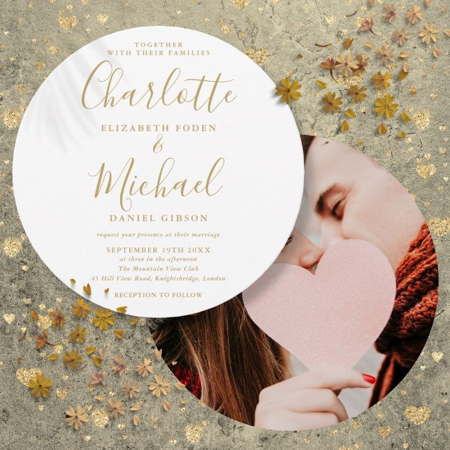 Invitación de boda circular con foto con guión de  (Gold Signature Script Circular Photo Wedding Invitation)
