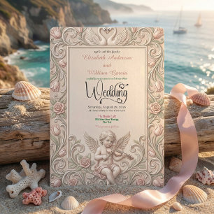 Invitación de boda cisne y querubín barroco.