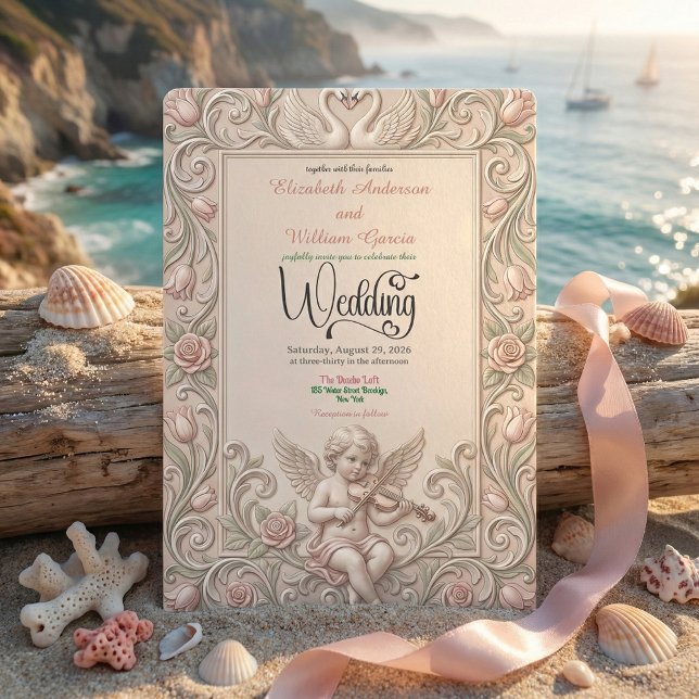 Invitación de boda cisne y querubín barroco. (Subido por el creador)