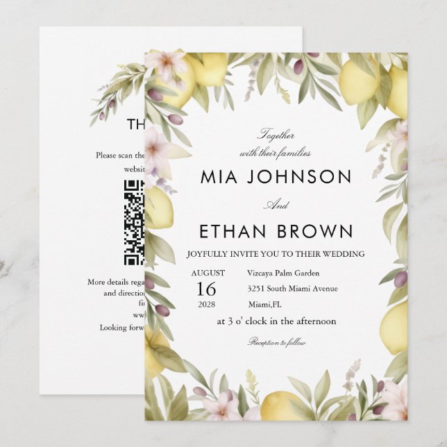 Invitación de boda CITRUS GREEN FLOWER (Anverso / Reverso)
