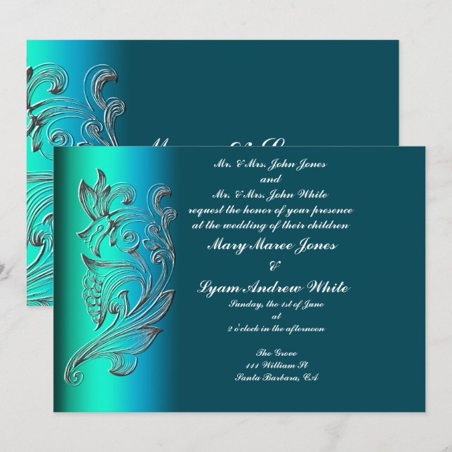 Invitación de boda clásica acuática realzada (Anverso / Reverso)