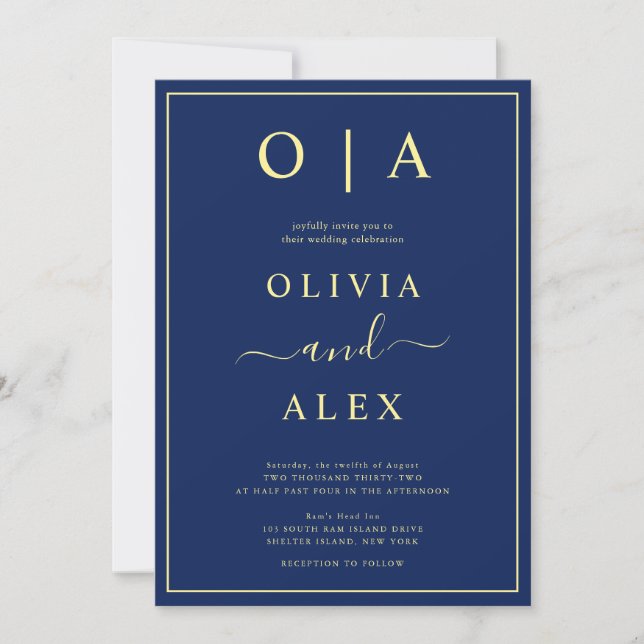 Invitación de boda clásica azul elegante (Anverso)