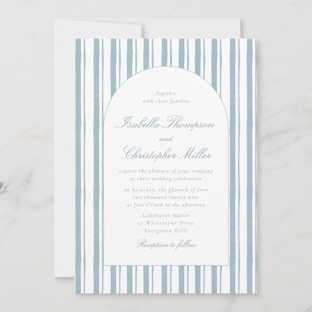 Invitación de boda clásica con arco de franja azul (Anverso)
