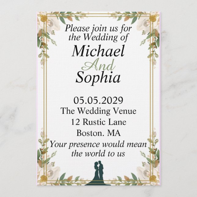 Invitación de boda clásica con borde botánico (Anverso)