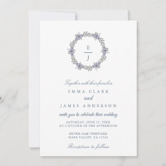 Invitación de boda clásica con estampa floral azul