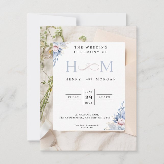 Invitación de boda, clásica con flores azules (Anverso)