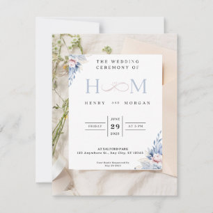 Invitación de boda, clásica con flores azules