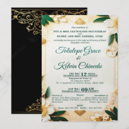 Invitación de Boda Clásica con Flores Doradas y Ve