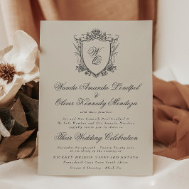 Invitación de boda clásica con monograma beige y c