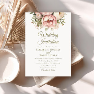 Invitación de boda clásica con peonía rosa y meloc