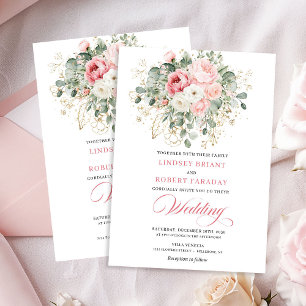 Invitación de boda clásica con peonías rosadas y v