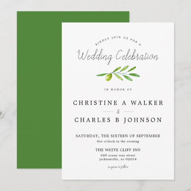Invitación de boda clásica con rama de olivo con g (Anverso / Reverso)