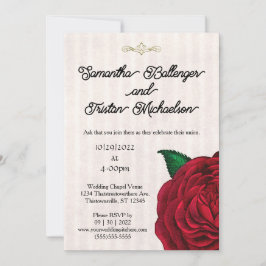 Invitación de boda clásica con rosa roja sobre vit