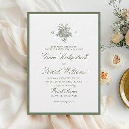 Invitación de boda clásica de monograma verde salv