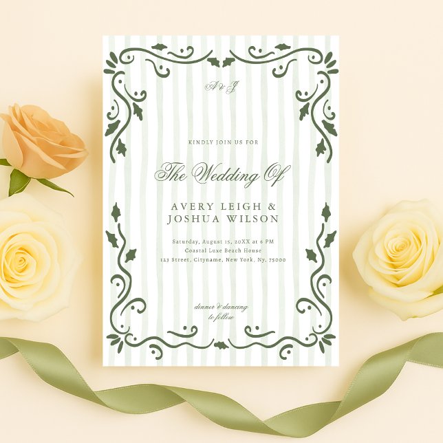 Invitación de boda clásica elegante con rayas verd (Subido por el creador)