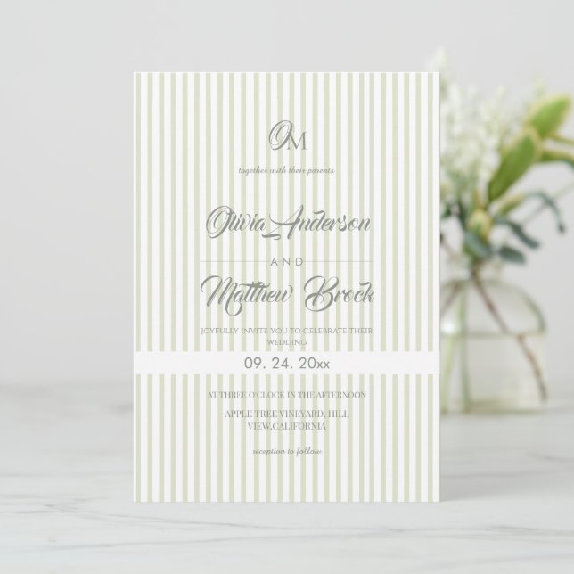 Invitación de boda clásica elegante⎮Sage Stripe (Anverso de pie)