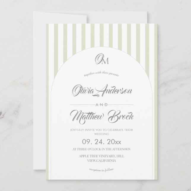 Invitación de boda clásica elegante⎮Sage Stripe (Anverso)