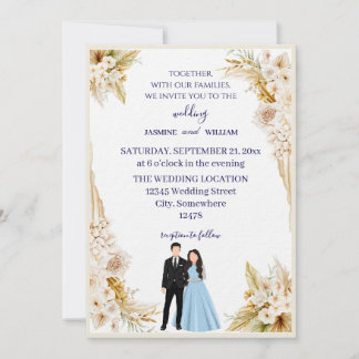 Invitación de boda clásica en beige y dorado