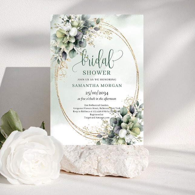 Invitación de boda Clásica Encanto Verde Dorado (Classic Charm Greenery Gold Bridal Shower Invitation)