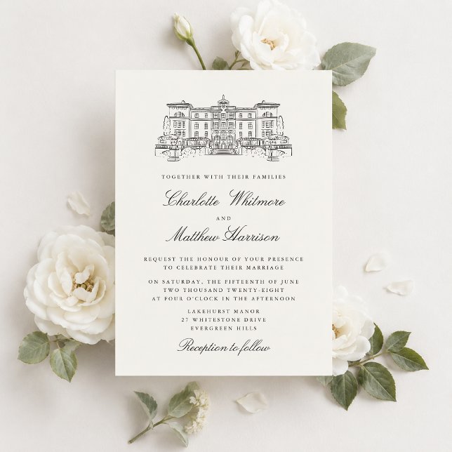 Invitación de boda clásica Estate Venue Sketch (Subido por el creador)