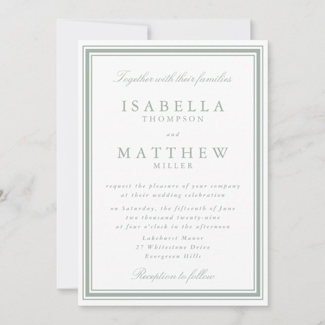 Invitación de boda clásica gris azul con borde (Anverso)