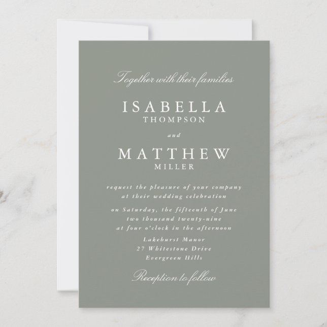 Invitación de boda clásica gris verde (Anverso)