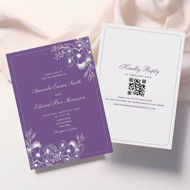 Invitación de boda clásica morada con código QR (Subido por el creador)