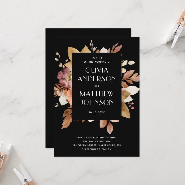 Invitación de boda clásica negra y sonrosada (Anverso/Reverso In Situ)
