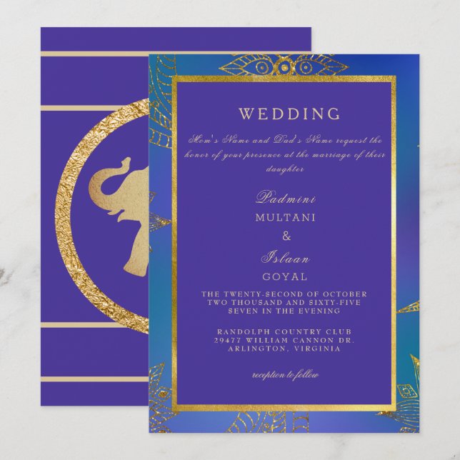 Invitación de boda colorida azul real y dorada (Anverso / Reverso)