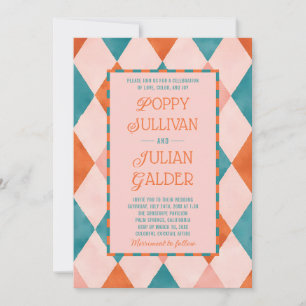 Invitación de boda colorida Harlequin moderna