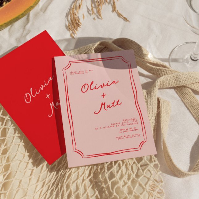 Invitación de boda colorida roja y rosa (red pink wedding, colorful wedding invitation, modern wedding invite, bold wedding invite, vibrant w)