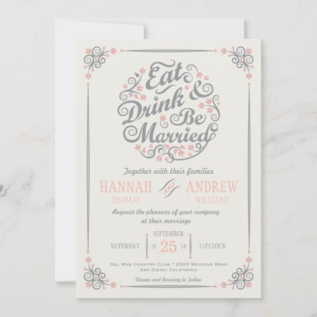 Invitación de boda Come Bebe y Cásate (Anverso)